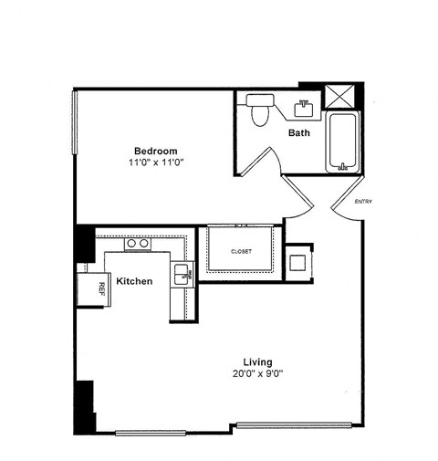 Floor plan for 1 bed, 1 bath, 642 sqft